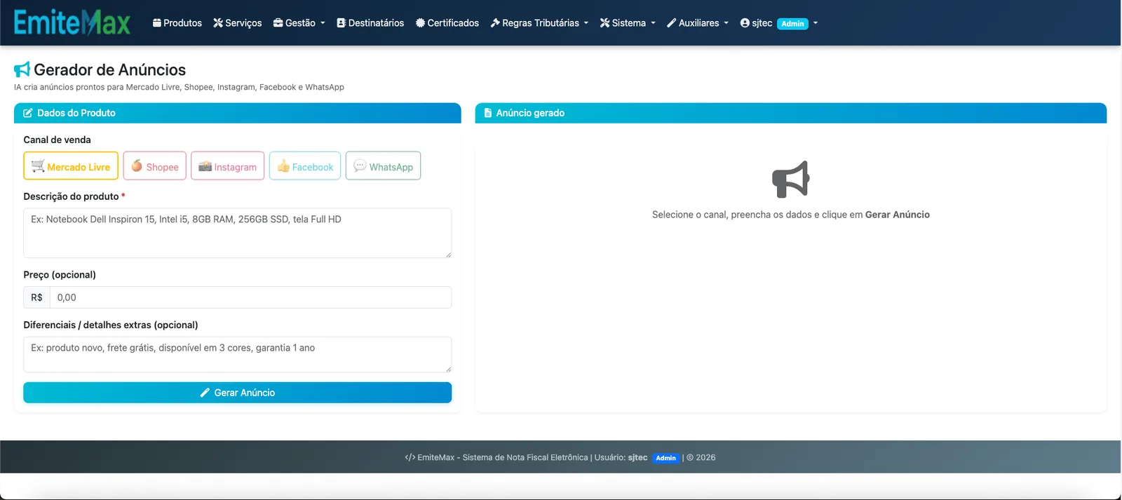 Gerador de anúncios do EmiteMax, com seleção do canal de venda e campos de descrição, preço e diferenciais do produto